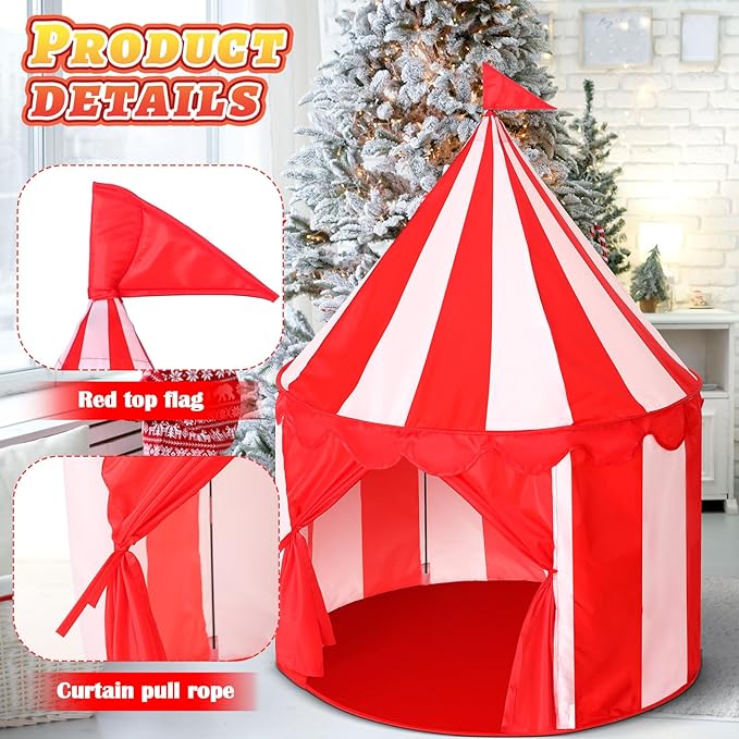 Circus Tent Red Floor Play Circus Tent Large Playhouse Castle for Play and Games Indoor and Outdoor Camping Activity(Red, White)