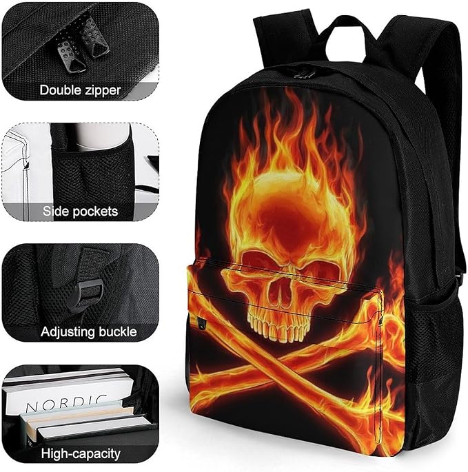 Polyester Daypack for Camping Travel Walking Cycling, Big Capacity Anti-Theft Multipurpose Bookbag, Fire Flaming Skull Crossbones Camping Outdoor Backpack