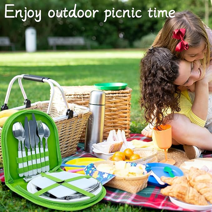 Portable Camping Silverware Utensil Set, 13 Pcs Picnic Mess Kit for 2 Person-Stainless Steel Serrated Knife Spoon Fork Wine Opener Plate Cutting Board Napkin, Camp BBQ Travel Set