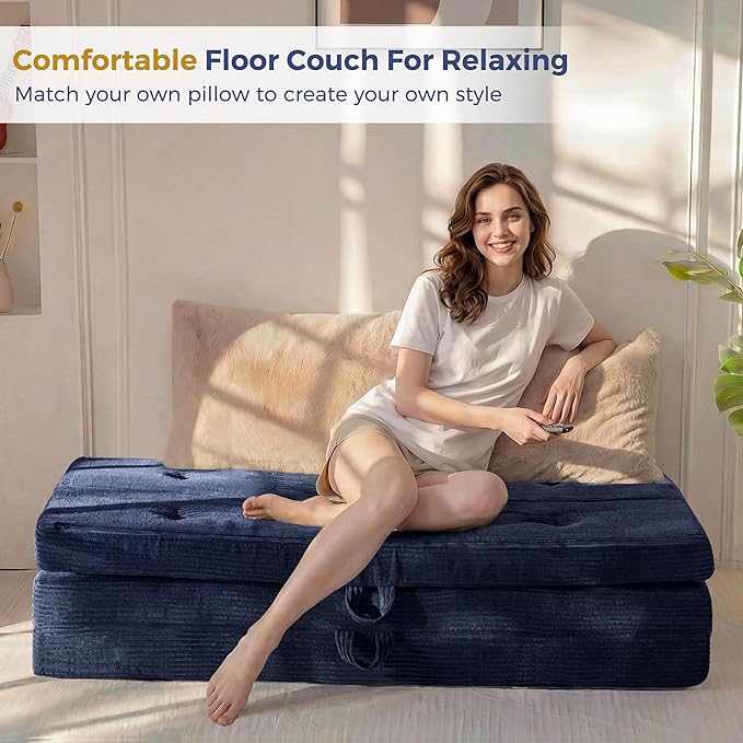 MAXYOYO Folding Mattress, 4 Inch Tufted Foldable Mattress Full Foam Bed, Tri-Fold Floor Couch with Handles Guest Bed Topper Portable Camping Mat with Corded Fabric, Queen Size, Navy