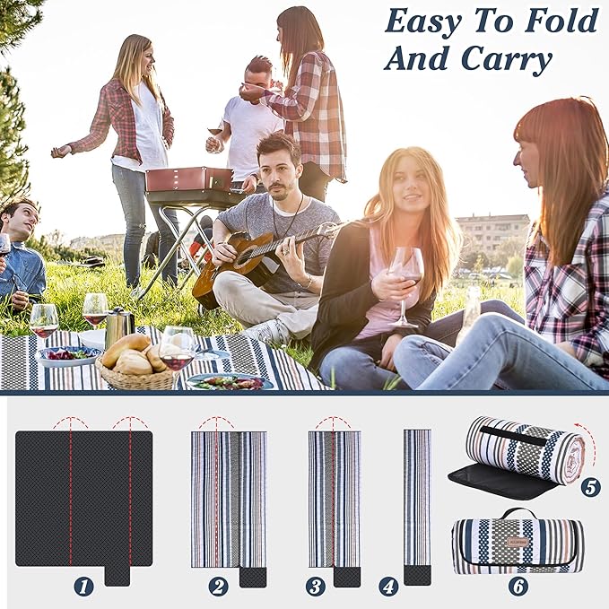 Oversized Waterproof Picnic Mat, Dustproof Washable Outdoor Beach Mat. Suitable for Camping, Outdoor, Beach, Party and Concert. (Dark Blue & Light Green, 80" * 80")