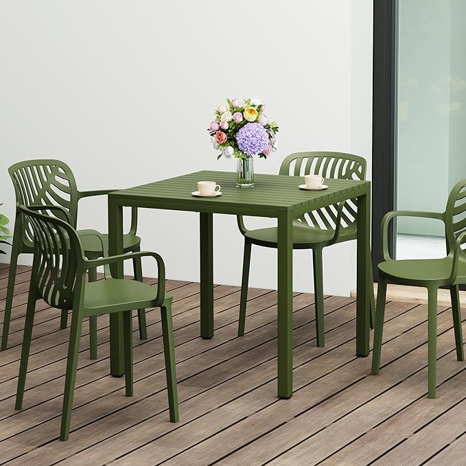 Costaelm Outdoor Dining Table for 4, Square Metal Patio Table, 4-Person Weather Resistant Steel Slat Table for Lawn Garden Backyard, Olive Green