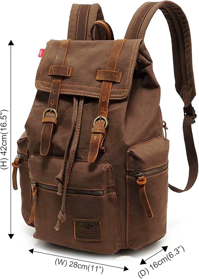 HuaChen Vintage Canvas Travel Backpack with Leather Trim, Laptop Padded Sleeve, Hidden Back Security Pocket, Fits 14-Inch, M32 Coffee