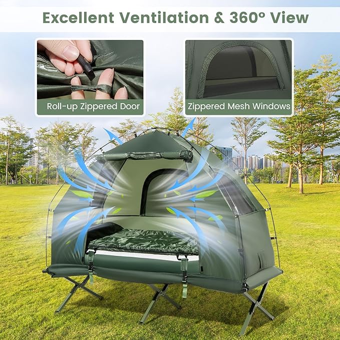KOTEK 5-in-1 Tent Cot with Air Mattress, Sleeping Bag, Pillow, Canopy, Zippered Mesh Windows & Carry Bag, Elevated Tent for Camping, Hiking, Traveling, Picnic