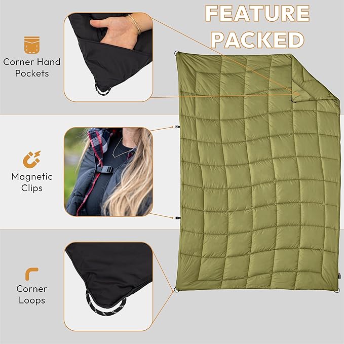 Versatile Packable Outdoor Camping Blanket, Puffy Blanket, Primaloft® Insulation, Warm, Durable, Lightweight, Waterproof, Oversize, Beach, Stadium, and More! 55"x80" (Olive Branch)