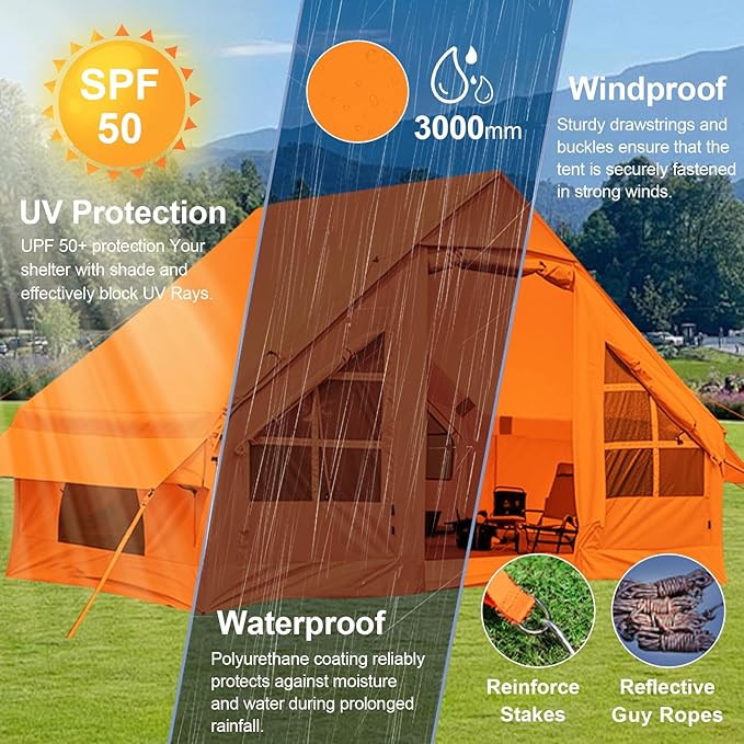 Inflatable Camping Tent,2/4/6/8 Person Glamping Inflatable Tents with Awning, Quick Setup Blow Up Tents with Pump, Waterproof Oxford Inflatable House for Camping, Air Glamping Hot Tents for Adult