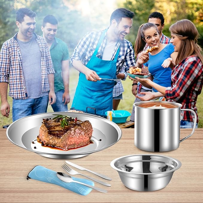12Pcs Camping Mess Kit Camping Dishes Set Stainless Steel Tableware Mess Kit Includes Plate Bowl Cup Spoon Fork Knife in Mesh Bags for Camping Backpacking & Hiking for 1 Person