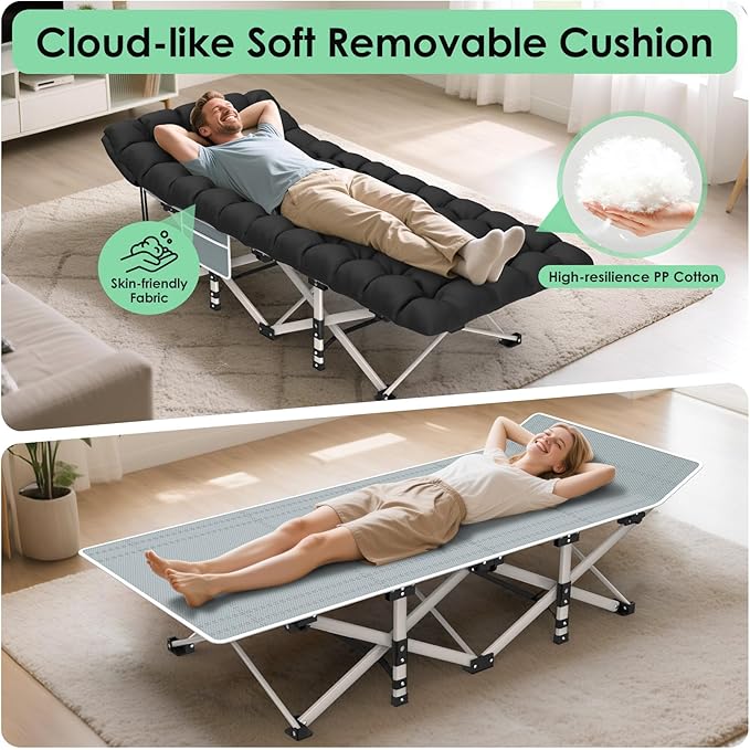 Suteck Camping Cot, Folding Camping Cot Bed for Adults Sleeping 1200D Double Layer Oxford Portable Folding Outdoor Cots for Camping W/Soft Pad Carry Bag for Home Office Nap Beach Travel