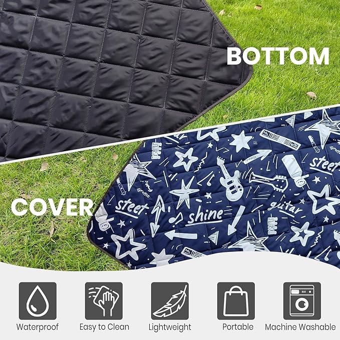 Waterproof Outdoor Blanket, 79" x 55" Large Packable Picnic Blankets, Foldable Picnic Mat for Park, Lawn, Grass, Beach, Concert (Star and Guitar)