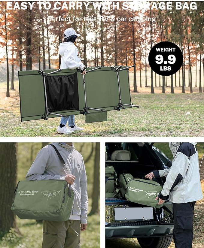Gonex Camping Cot with Leg Extenders 2 in 1 Portable Ultralight Folding Cot for Adults Adjustable Height Supports 350lbs Sleeping Bed for Backpacking Travel Beach Home 74.8"x27.5"(Army Green, 1 PCS)