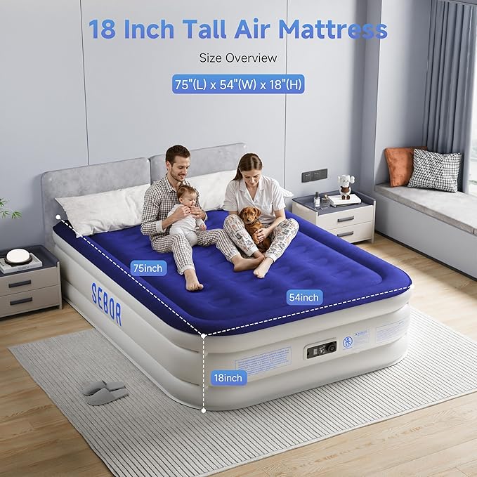 Sebor Air Mattress Full with Built-in Pump 18", Comfortable Self-Inflating Air Mattress with High-Speed Pump, Durable Blow Up Mattress Full with Storage Bag for Guests, Camping, Travel