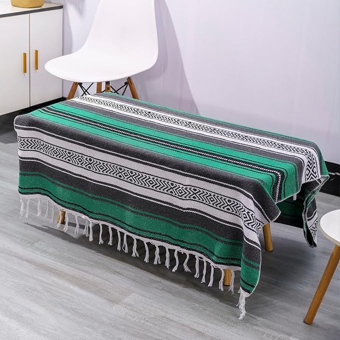 Airooglee 77" L x 46.4" W Large Mexican Blanket - Perfect as Camping Blanket, Yoga Outdoor Beach Serape Picnic Woven Blanket, Boho Home Décor - Green