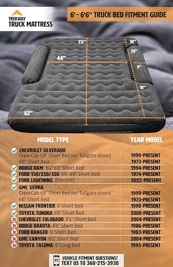 Offroading Gear Inflatable Truck Bed Air Mattress | 6ft to 6.5ft Truck Box | Trekway | Converts to Full Double Size Bed | Durable and Waterproof Compatible with F150, Ram, Supercrew, etc.