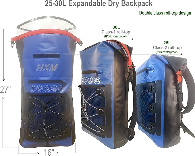 Ergonomic Skiing Dry Backpack 25L-30L Expandable | IP68 Waterproof Dry Bag for Kayaking, Hiking, Camping & Snow Sports | Daypack with Roll-Top Seal & External Pockets (Blue+Black)