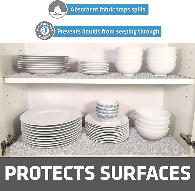 Drymate Premium Luxury Shelf & Drawer Liner, Thick Cushioned Fabric, Non-Adhesive, Absorbent, Waterproof, Slip-Resistant, Liners for Kitchen Cabinets, Cupboards (USA Made)(12”x59”)(2-Pack)(Tan)