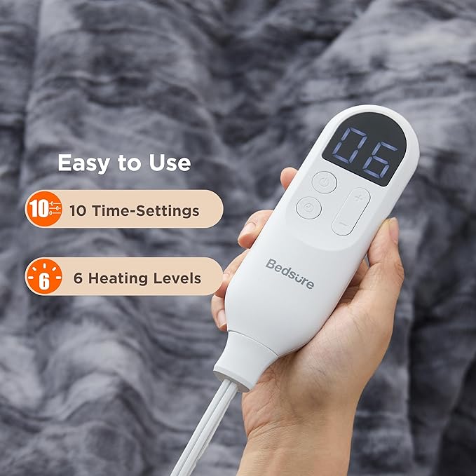 Bedsure Faux Fur Heated Blanket Full Size, Fast Heating Electric Blanket Full Size with 6 Heating Levels & 10 Time Settings, Cozy Gifts for Women Men (72x84 inches, Grey)