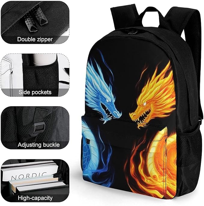 Men Women Polyester Ice Blue And Red Fire Flame Dragon Daypack Big Capacity Shoulder Bag With Smooth Zippers for Hiking Work Walking Cycling