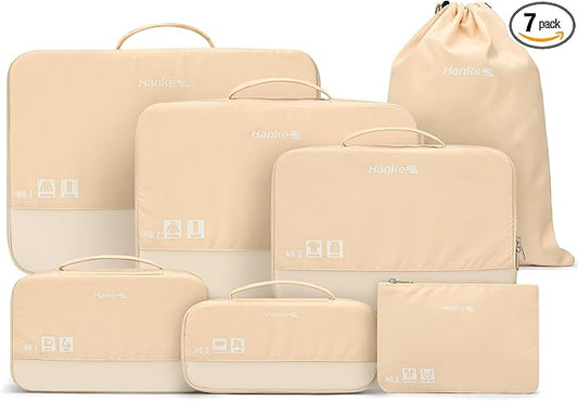 Hanke 7 Piece Expandable Compression Packing Cubes, Premium Travel Packing Organizers for Suitcases/Carry On, Luggage Organizer Bags with Breathable Mesh & Label,Off White