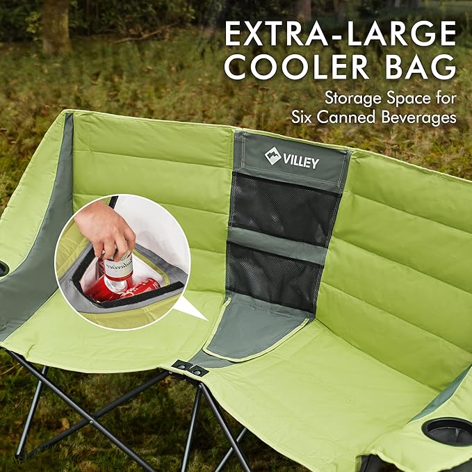 VILLEY Double Camping Chair w/Cooler Bag, Extra Wide Loveseat, Heavy Duty Padded Camping Couch, Portable Folding Chair w/Carry Bag Steel Frame Cup Holders for Camp Lawn Picnic Sports, Support 600LBS
