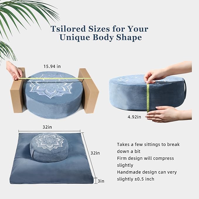 Meditation Zafu Cushion Set with Buckwheat Hulls & Memory Foam - Ergonomic Support for Yoga & Sitting - Removable Machine-Washable Luxury Velvet Cover - for Adults and Kids (Blue)