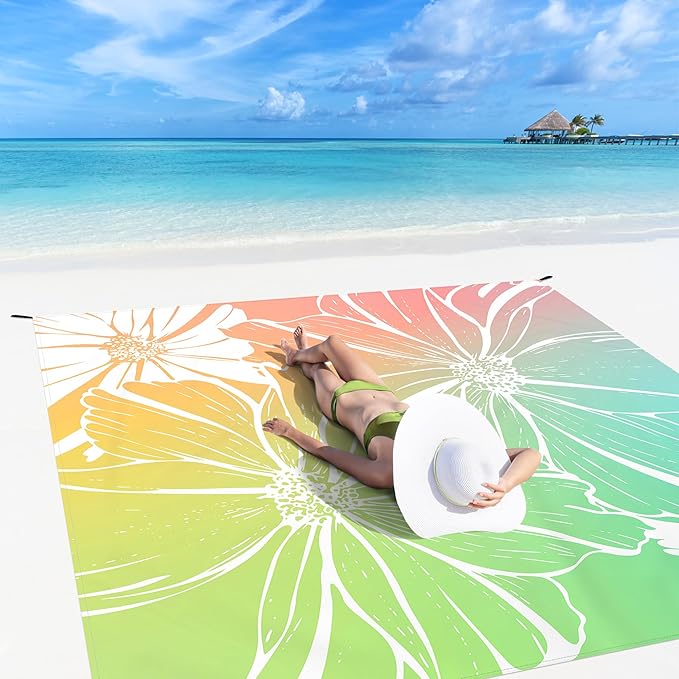 Beach Blanket, Waterproof Sandproof Beach Mat with 4 Stakes & 4 Pockets, 78''×86'' Large Compact Lightweight Sand Free Outdoor Essentials for Beach, Picnic, Travel, Camping