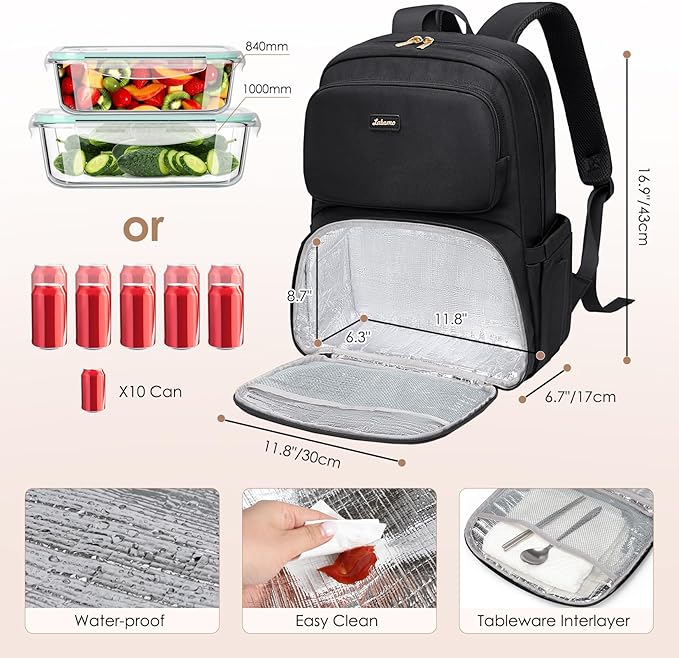 Lunch Backpack for Women Men, 16 Inch Laptop Backpack with Lunch Compartment, Water Resistant Lunchbox Back Pack Meal Prep Cooler Bags Insulated for Nurse Work Teacher Travel