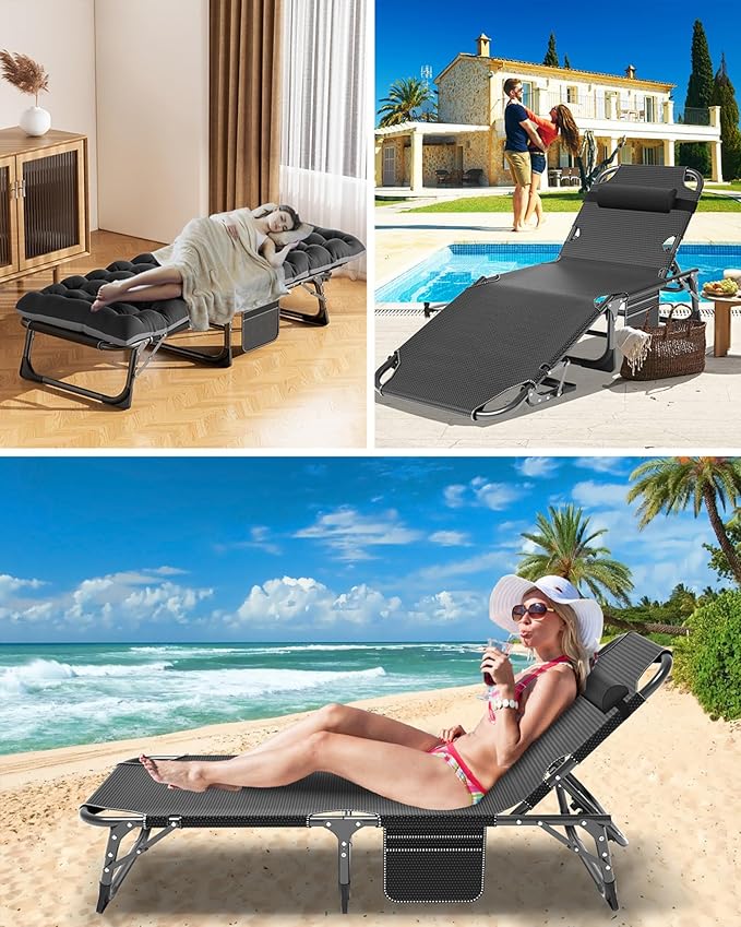 ABORON 3-in-1 Folding Lounge Chair with Padded Cushion, 440LB Heavy-Duty 3-Fold Adjustable Recliner & Guest Bed, No Assembly Portable Chaise Lounge for Patio, Poolside, Office Nap & Camping