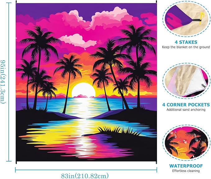 Beach Blanket Waterproof Sandproof, Oversized Extra Large Picnic Beach Mat 83"×95"/8 × 7 FT for 1-7 Adults for Travel Camping Hiking, Quick Drying Lightweight Outdoor Vacation Essentials