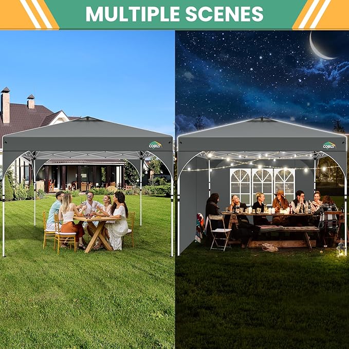 COBIZI 10x10 Pop up Canopy, Canopy Tent 10x10 with 3 Sidewalls, 1 Person Easy Set up, Tents for Parties, Outdoor Tent with Fluorescent Strip & 4 Sandbags, Waterproof, 3 Adjustable Height (Gray)