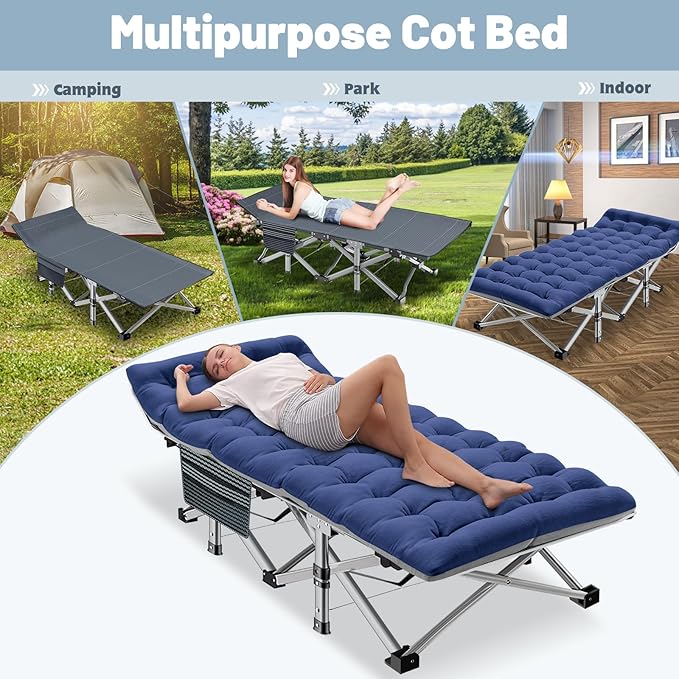 Slsy Oversized XXL Folding Camping Cot for Adults with Pad, Padded Portable Sleeping Cots, Camp Bed with Carry Bag for Outdoor Travel, Beach, Hiking