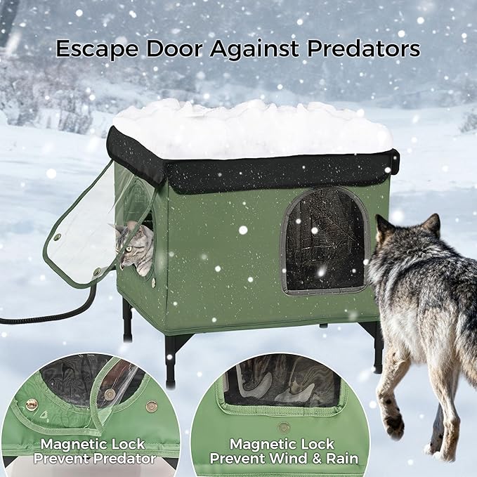 Heated Cat House for Outside, Outdoor Cat House Featuring Escape Door in Winter, 100% Waterproof Cat Shelter with Heating Pad for Community Cats, Strays, and Ferals, Insulated Warming House