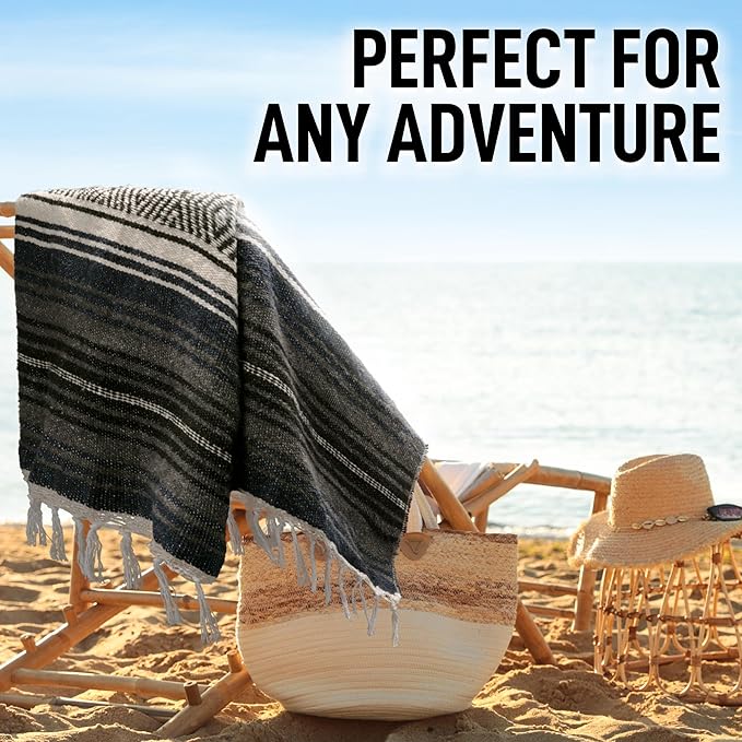 Hydration Nation Authentic Extra Large Mexican Blanket (70"x50") - Handwoven Yoga, Serape - Artisanal Falsa, Beach, Camping, Picnic, Outdoor (Blue Haze)