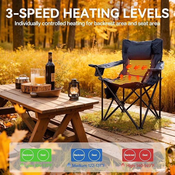Heated Camping Chairs For Adults, 3 Heating Level For Back And Seat, Foldable Camping Chairs With Cup Holders & Pillow For Outdoor Sports, Camping, Patio, Picnics, Battery Not Included, Navy