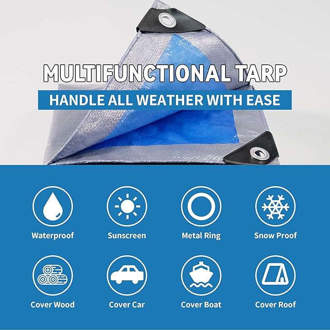 TARPAL Tarps 15x15 Feet Tarp Waterproof Large tarp 7.5mil Waterproof tarps,UV Protection,Rip and Tear Proof,Outdoor Tarp,Poly Tarpaulin(Silver/Blue)