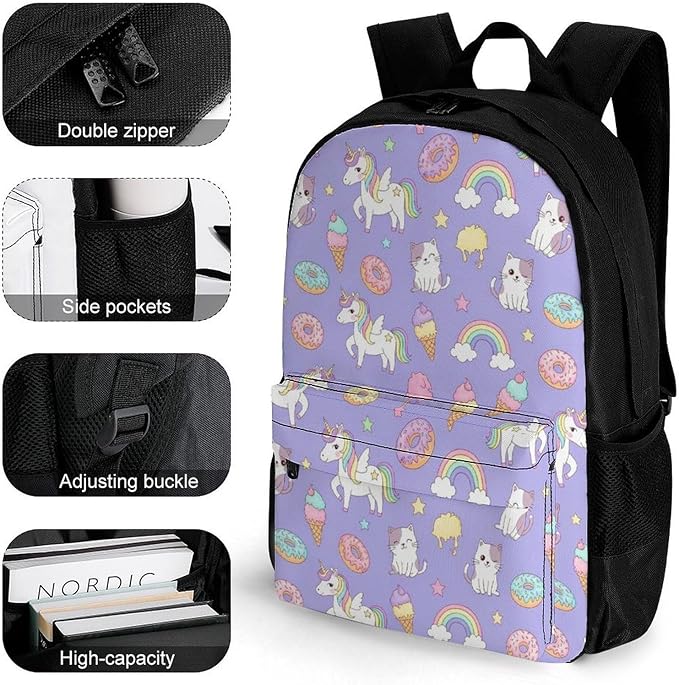 Daypack Backpack Polyester Anti-Theft Multipurpose Purple Donuts Unicorns Bookbag Big Capacity Travel Hiking Camping Rucksack With Smooth Zippers