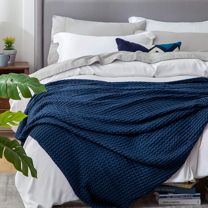 Bedsure Cooling Cotton Waffle Twin XL Blanket - Lightweight Breathable Blanket of Rayon Derived from Bamboo for Hot Sleepers, Luxury Throws for Bed, Couch and Sofa, Navy, 66x90 Inches