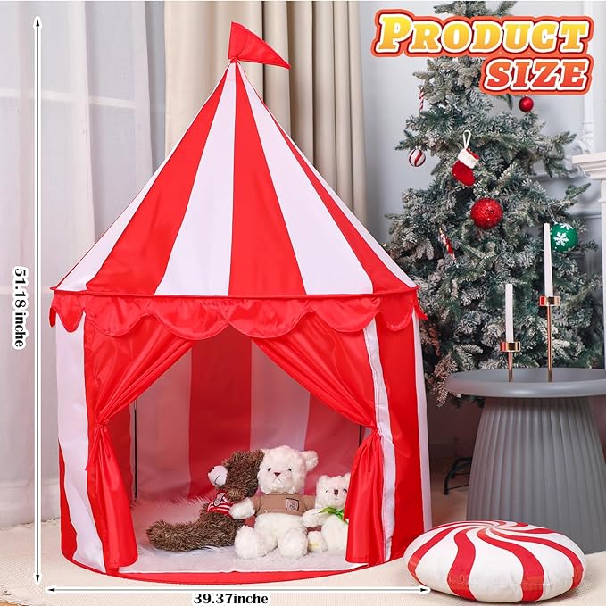 Circus Tent Red Floor Play Circus Tent Large Playhouse Castle for Play and Games Indoor and Outdoor Camping Activity(Red, White)