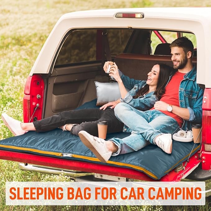 MEREZA Double Sleeping Bag for Adults Mens with Pillow, XL Queen Size Two Person Sleeping Bag for All Season Camping Hiking Backpacking 2 Person Sleeping Bags for Cold Weather & Warm
