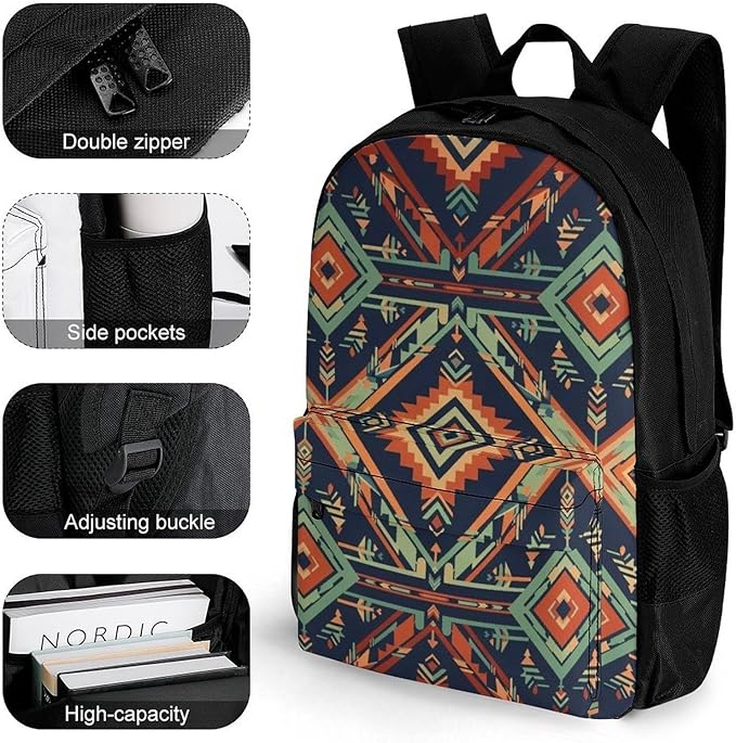 Lightweight Daypack for Camping Business Walking Cycling, Large Capacity Anti-Theft Multipurpose Bookbag, Floral Aztec Ethnic Tribal Gym Outdoor Hiking Backpack