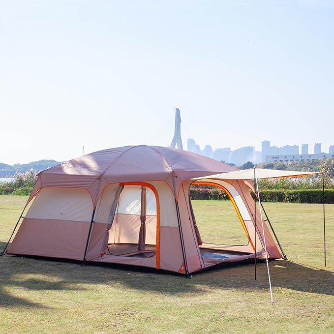 KTT Extra Large Tent 6-10-12-14 Person(Style-B),Family Cabin Tents,2 Rooms,3 Doors and 3 Windows with Mesh,Straight Wall,Waterproof,Double Layer,Big Tent for Outdoor,Picnic,Camping,Family Gathering