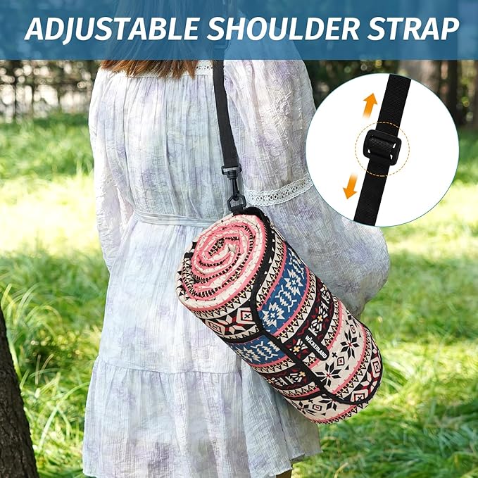 Picnic Blankets Extra Large Outdoor - Beach Blanket Waterproof Sandproof with Shoulder Strap, Machine Washable, Picnic Mat with Stakes for Grass Concert, Park.BohoPattern