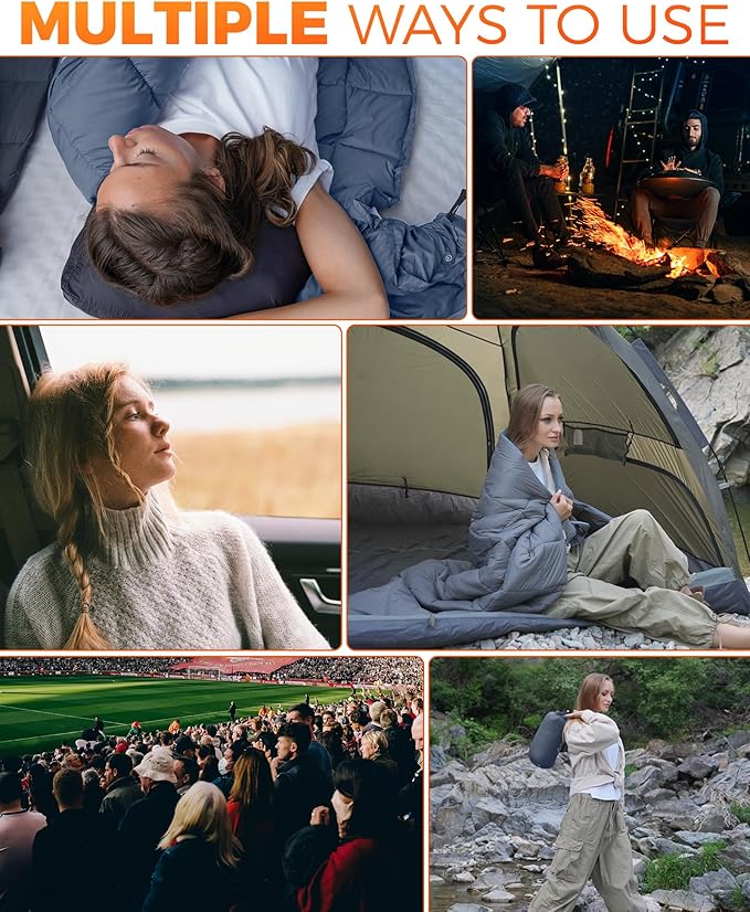 KingCamp Ultralight Camping Blanket, Packable Down Alternative Puffy Wearable Blankets Weatherproof Warm Package Quilt with Snap Buttons for Outdoor Hiking Travel Picnic Stadium (69" x 53", Charcoal)