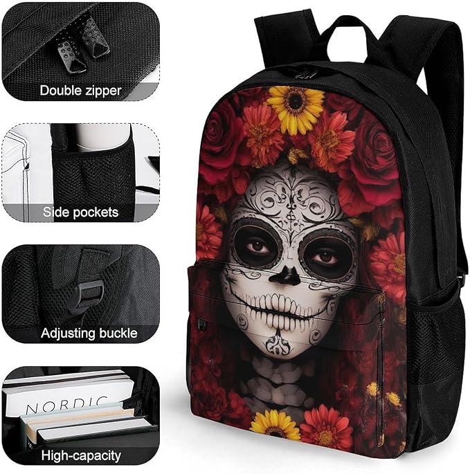 Backpack Multipurpose Anti-Theft Large Capacity Bookbag, Mexican Day Of The Dead Sugar Skull Floral Women Art Travel Hiking Daypack With Side Pockets