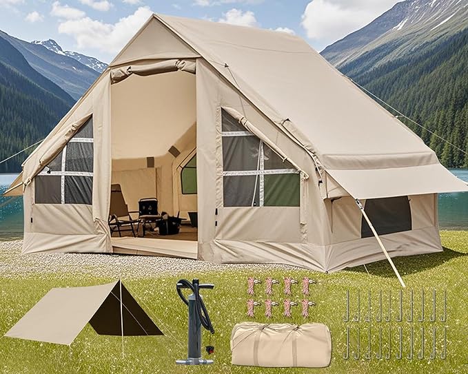 Inflatable Camping Tent,2/4/6/8 Person Glamping Inflatable Tents with Awning, Quick Setup Blow Up Tents with Pump, Waterproof Oxford Inflatable House for Camping, Air Glamping Hot Tents for Adult