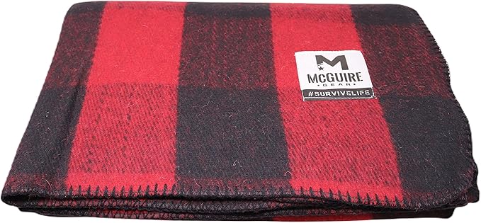 M MCGUIRE GEAR Warm Wool Bunkhouse Plaid Blanket for Camping, Home, Survival, or First-Aid, 64" x 90" (Red/Black)