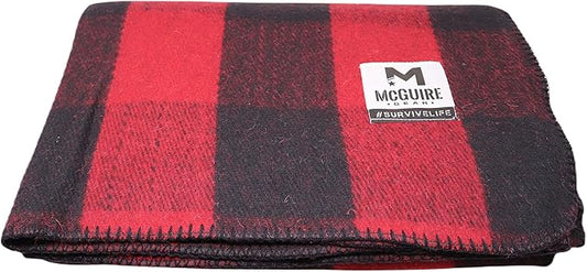 M MCGUIRE GEAR Warm Wool Bunkhouse Plaid Blanket for Camping, Home, Survival, or First-Aid, 64" x 90" (Red/Black)