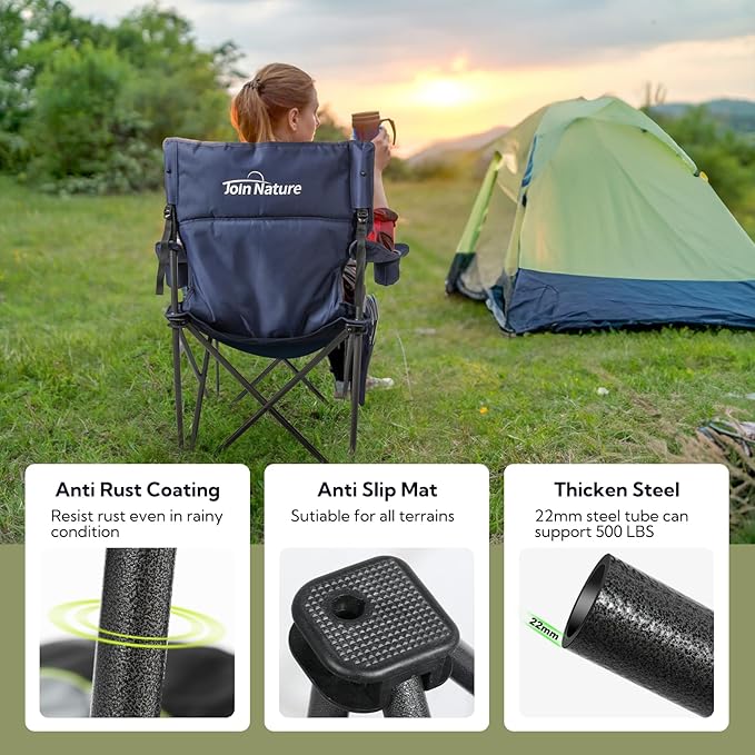 Folding Camping Chairs for Adults, Padded Folding Chairs for Outside Heavy Duty with Cup Holders & Side Pocket, Support up to 500 lbs, Blue