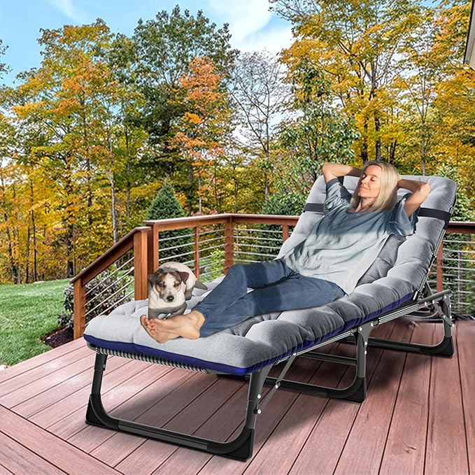LILYPELLE Portable Folding Camping Cot, Adjustable 4-Position Adults Reclining Chaise with Pillow, Outdoor Portable Lounge Chair Sleeping Cot for Camping, Pool, Beach, Patio