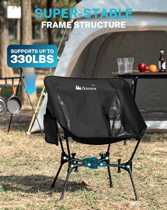 Gonex Portable Camping Chair, The 5th Gen Ultralight Compact Backpacking Foldable Lightweight Folding Chair for Outdoor Camp Hiking Beach Picnic Concert, Supports 330lbs (Black,1PCS)