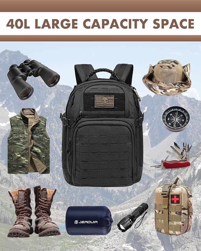 TRAILKICKER Military Tactical Backpack 40L for Men, Hiking Camping Molle EDC Daypack Army Assault Pack Lightweight Work Backpack with Water Bladder Compartment, Black